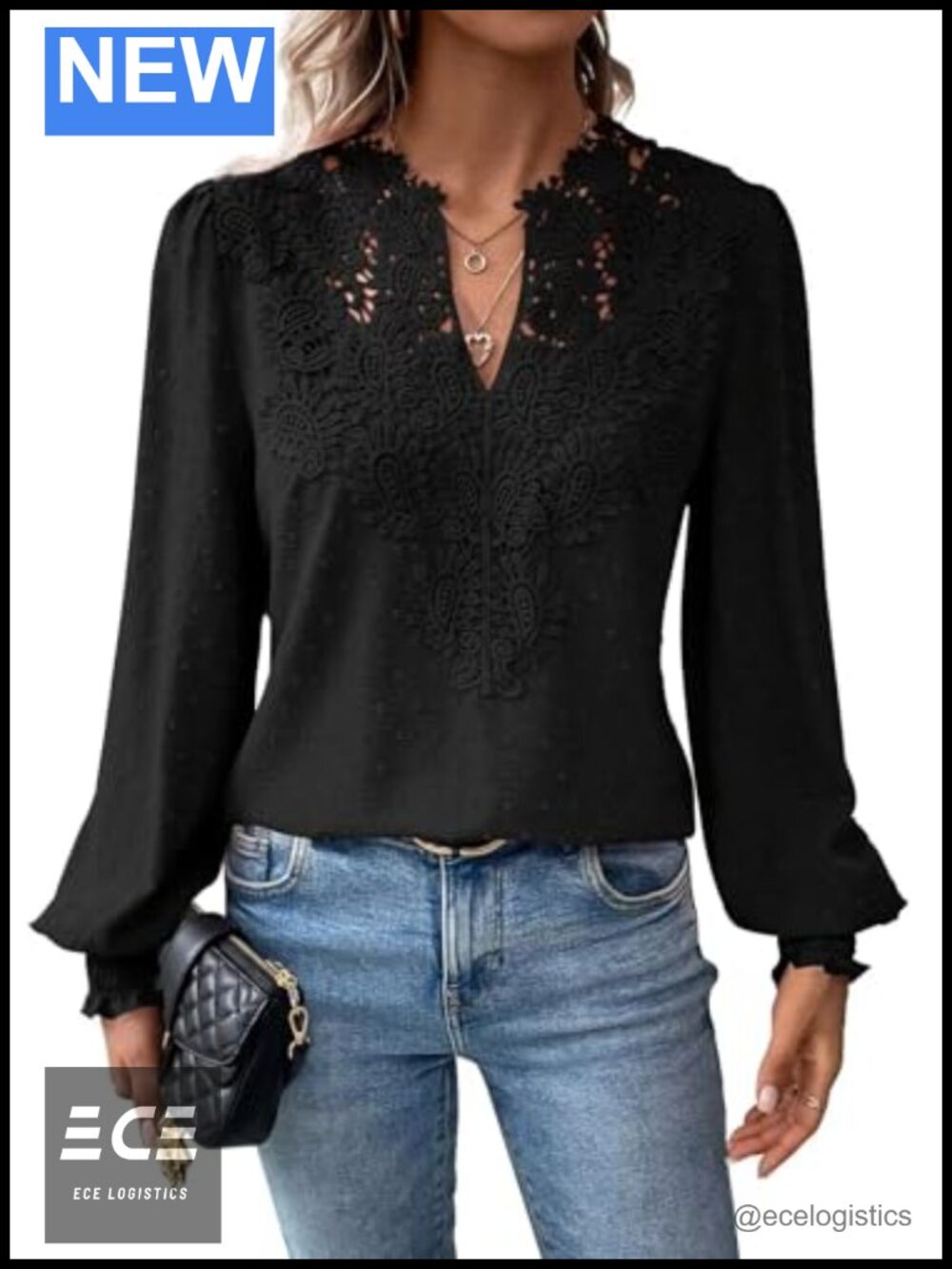 Falechay Womens Boho Lace Floral V Neck Long Sleeve Blouse Top